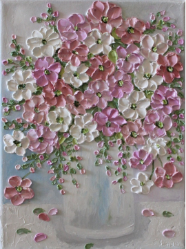 Oil Impasto apricot and pink daisy painting