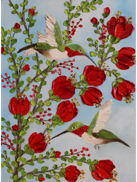 Broad-tailed hummingbird oil impasto painting