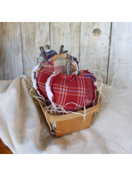 quilted apples in a vintage fruit basket