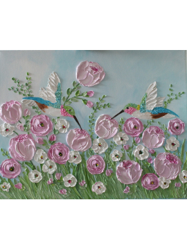 Hummingbird oil impasto soft wildflower painting