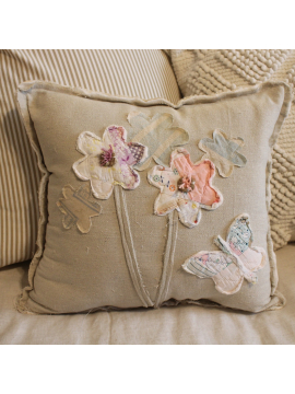 Vintage quilt and feed sack pillow, Flowers and butterfly pillow