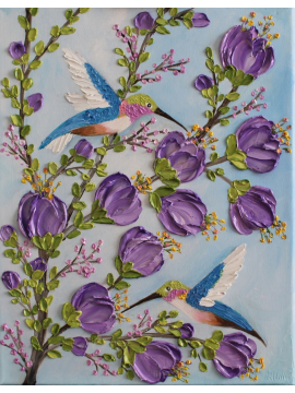 Hummingbird and purple Hibiscus oil painting