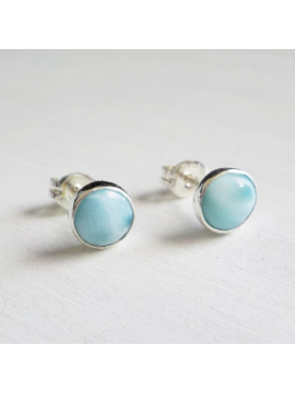 Larimar Stone Cabochon Fine Silver Studs , Beach Earrings, Dolphin Stone