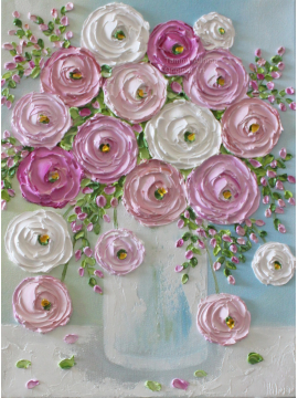 pink ,white, and  apricot ranunculus oil impasto painting