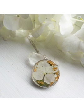 White hydrangea and gold sterling silver dried flower necklace