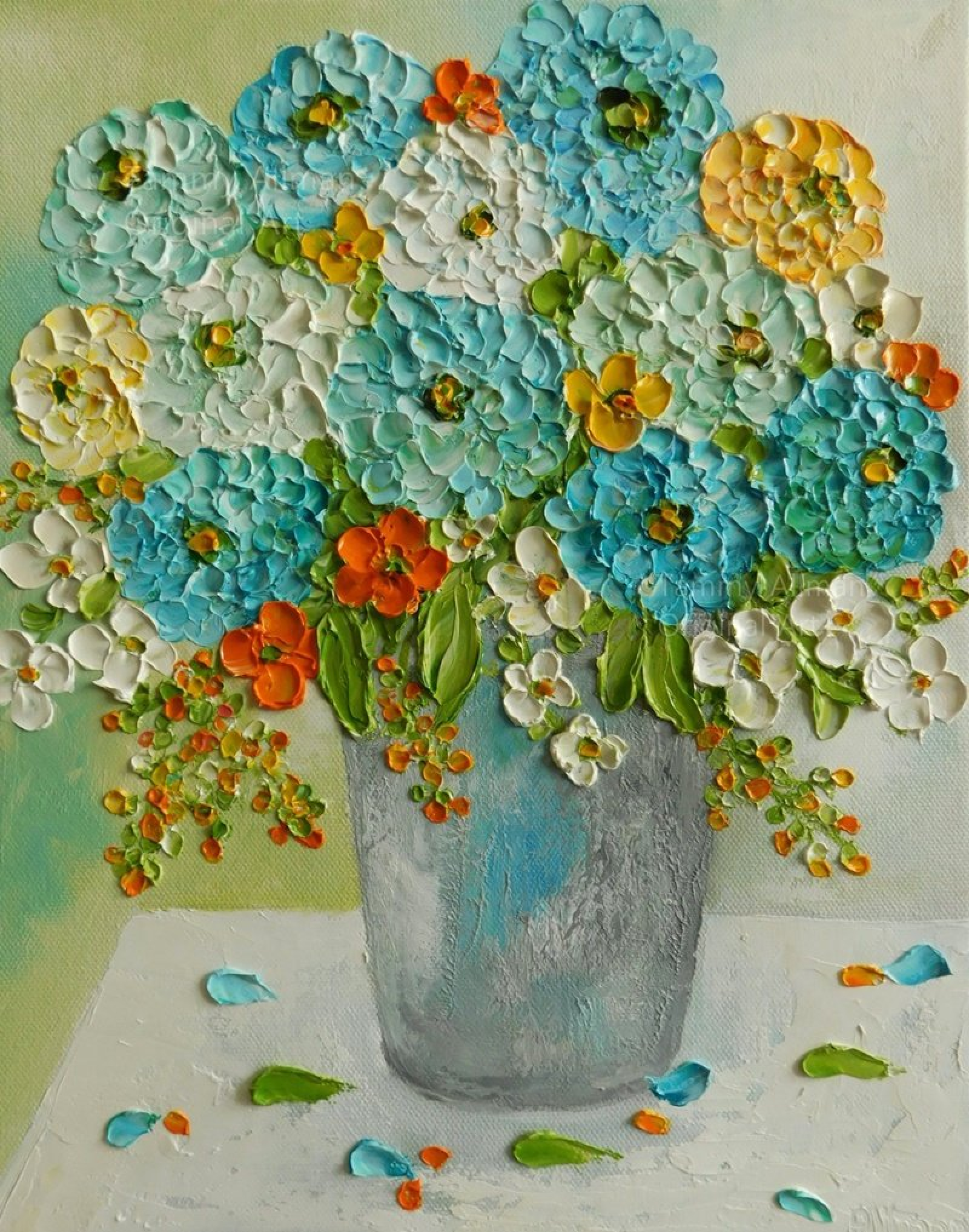 Custom Impasto Aqua Zinnia Flower Painting Impasto Oil Painting