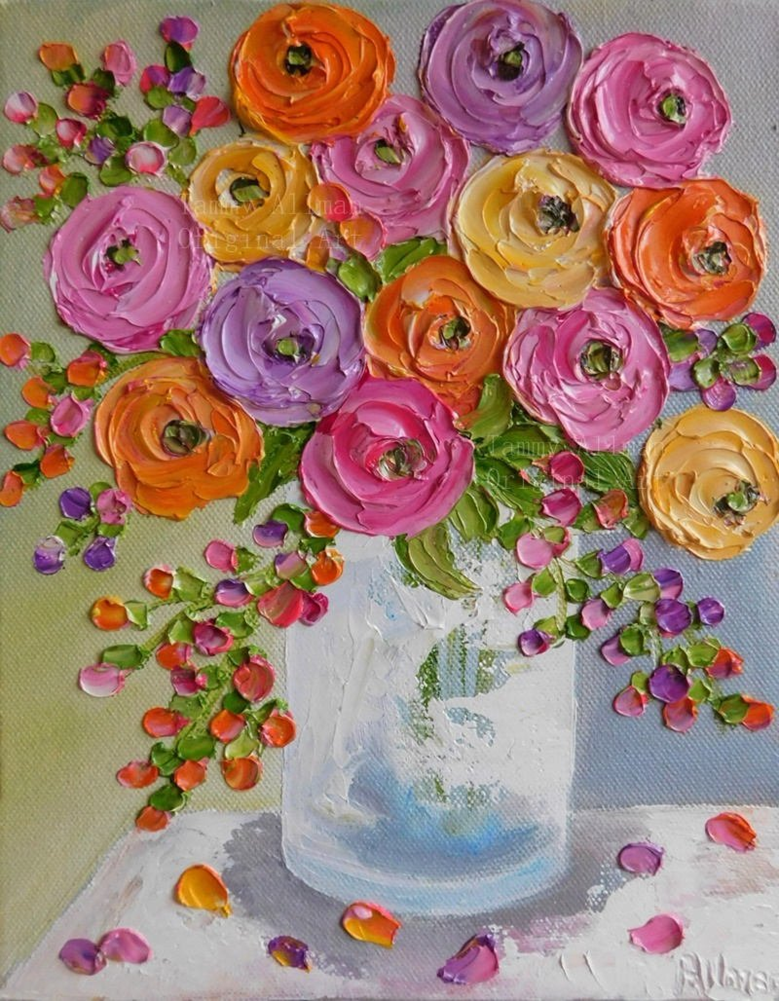 Summer Brights Mixed Ranunculus Oil Impasto Painting Orange