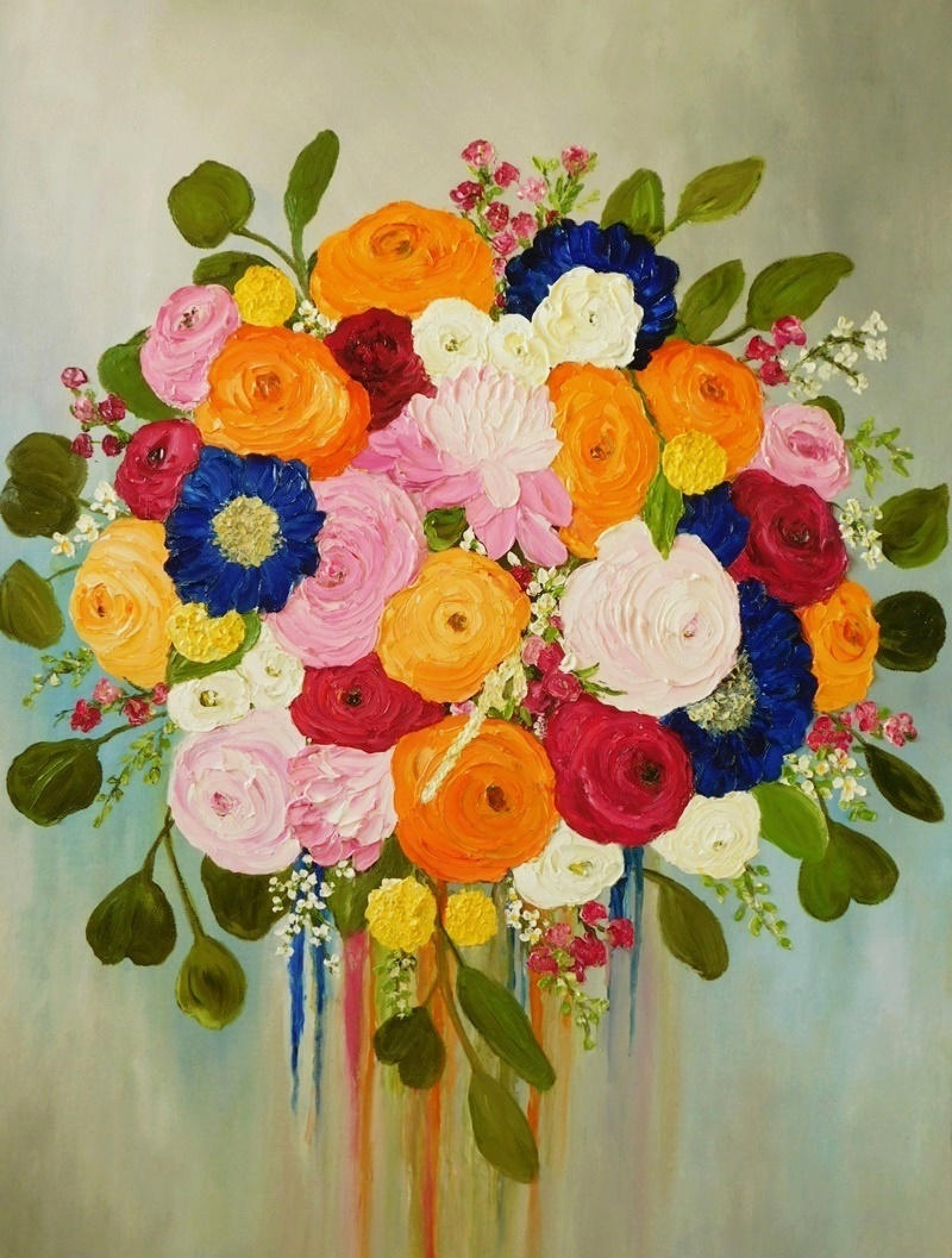Whimsical Bridal Bouquet Oil Impasto Painting Custom Bouquet
