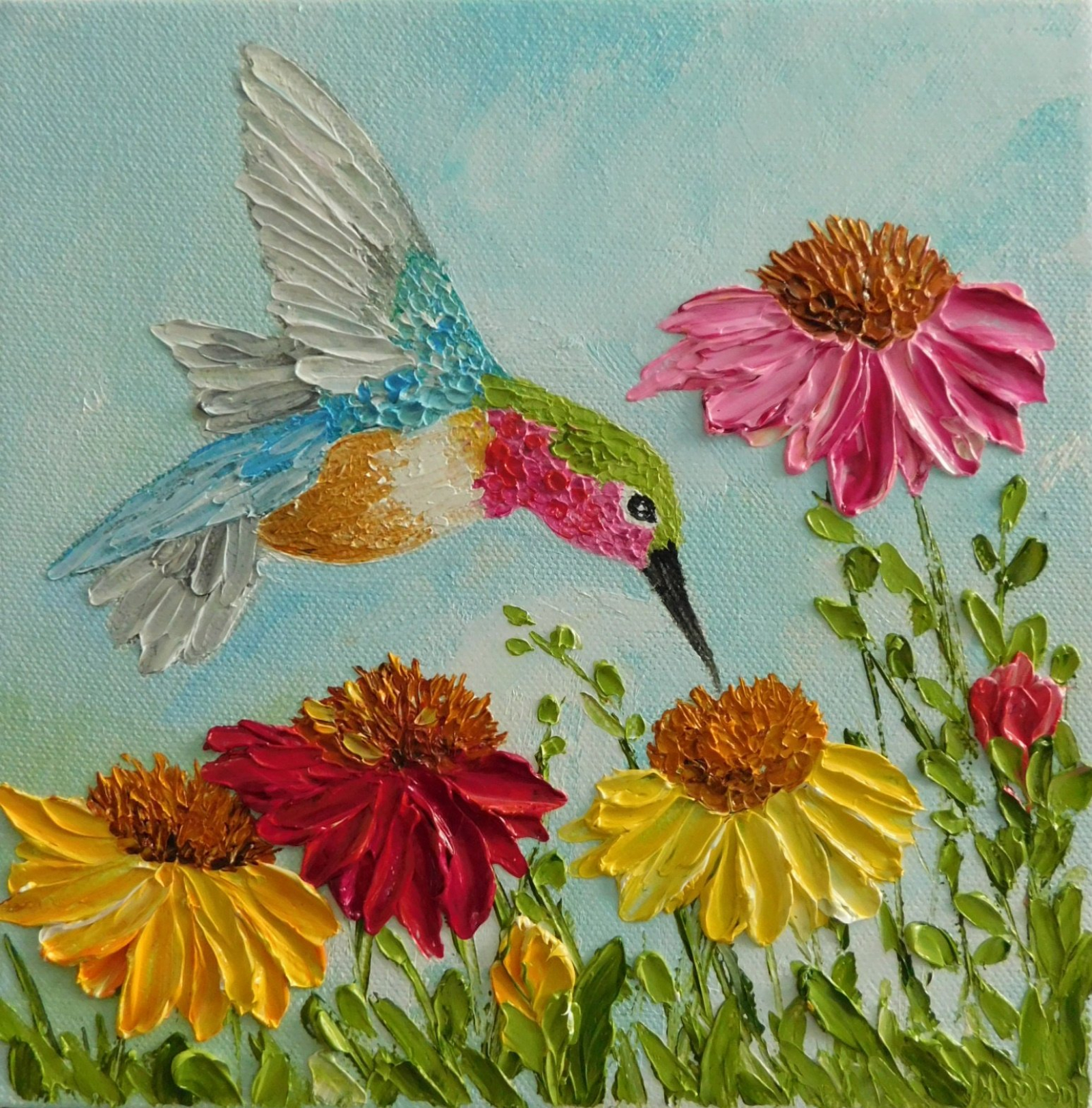 Custom Cone Flowers and Hummingbird Impasto Painting, Hummingbird Oil