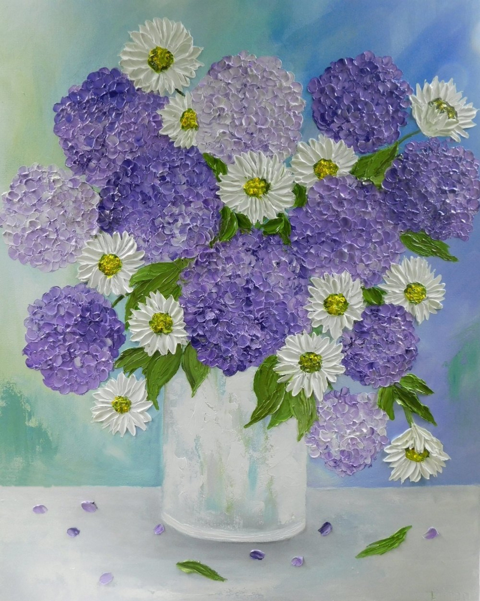 Custom White Daisy And Hydrangea Oil Impasto Original Painting