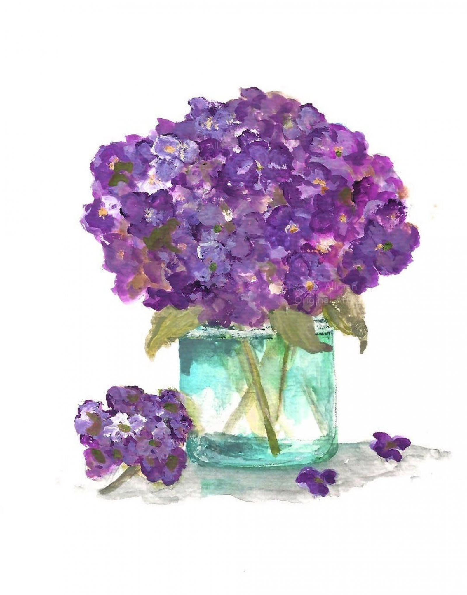Original Watercolor Print, Floral Vase Series, Purple Hydrangea