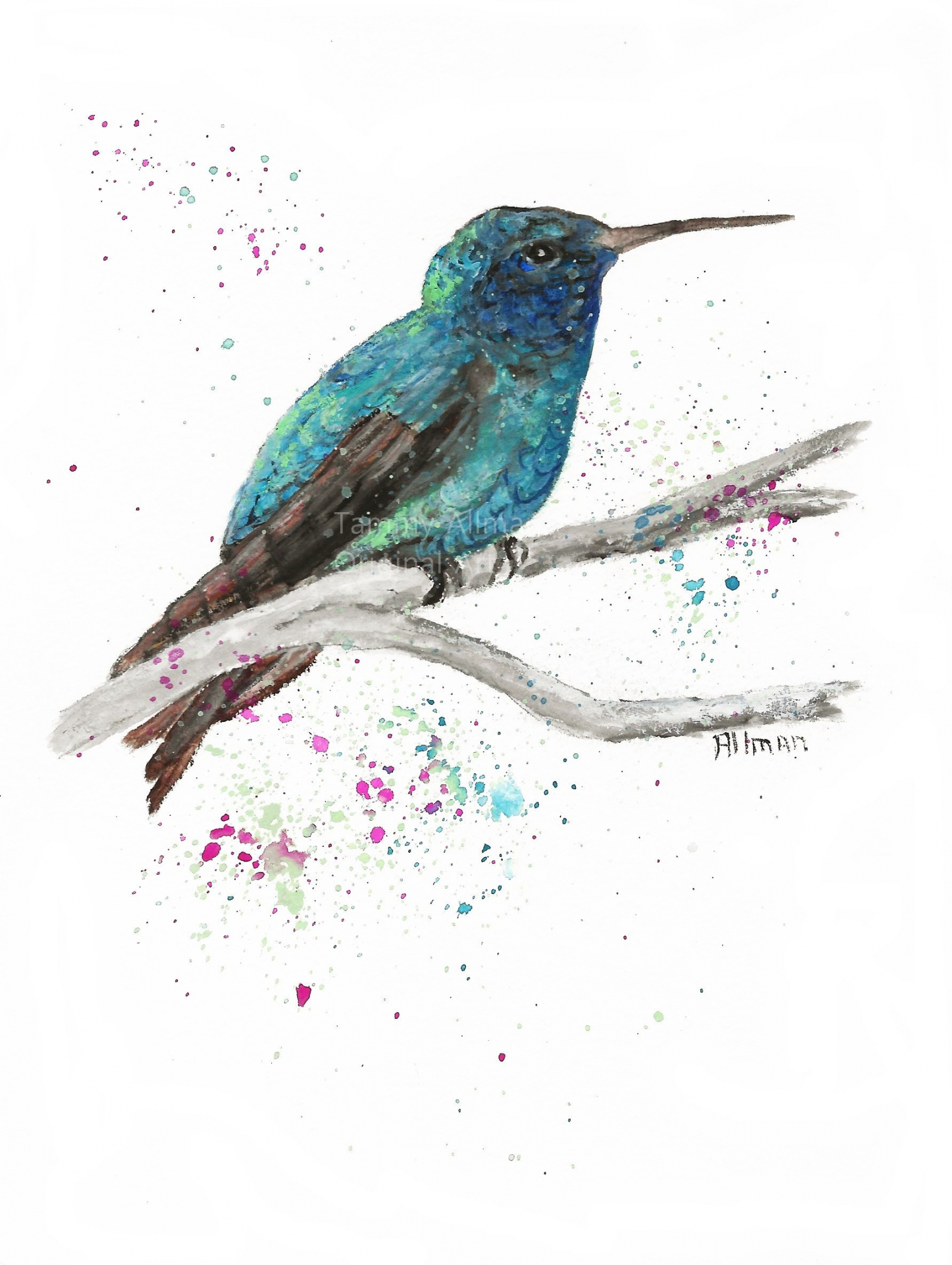 Blue Green Hummingbird Watercolor Humming Bird Series Blue