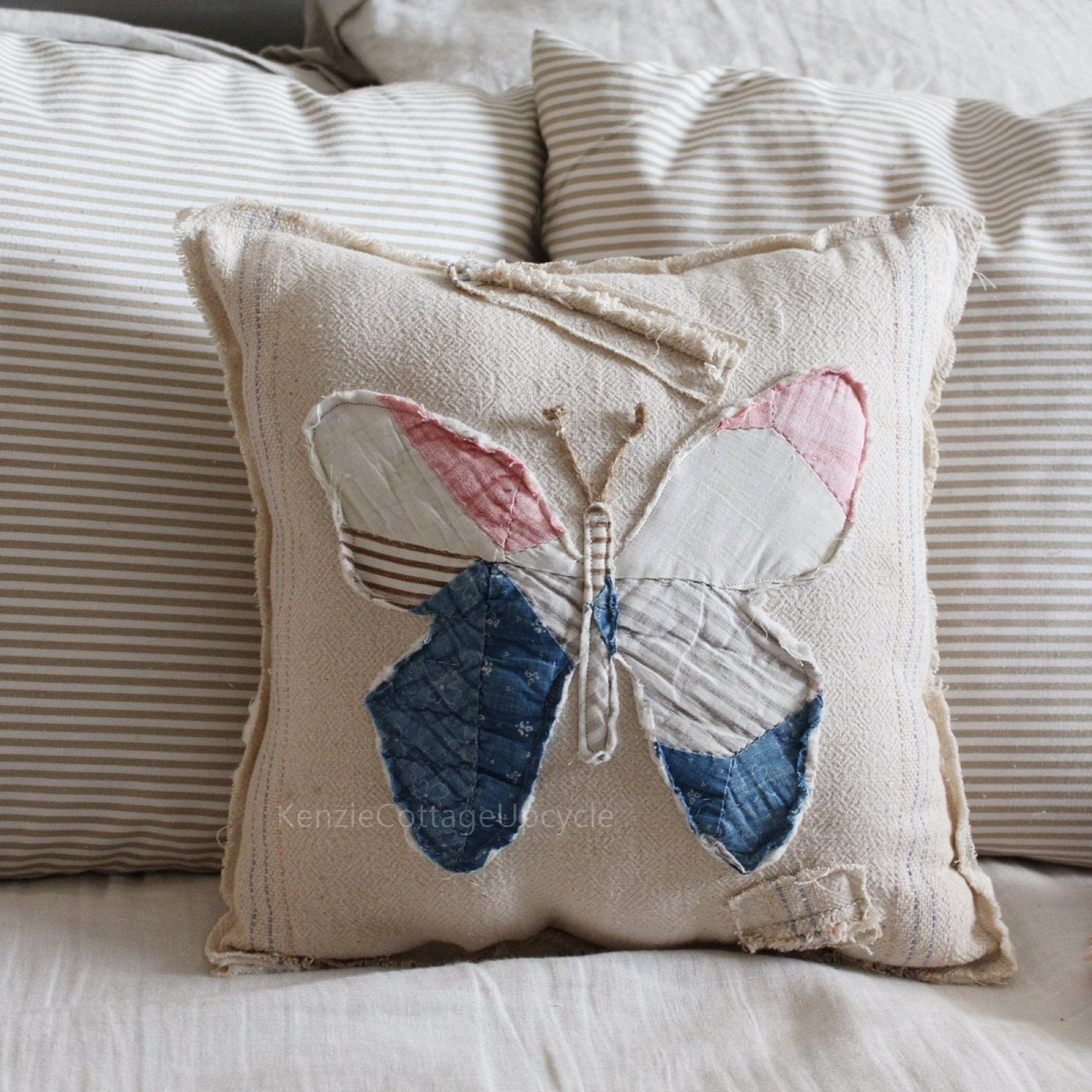 Upcycled Quilt and Feed Sack butterfly pillow | Kenzie's Cottage