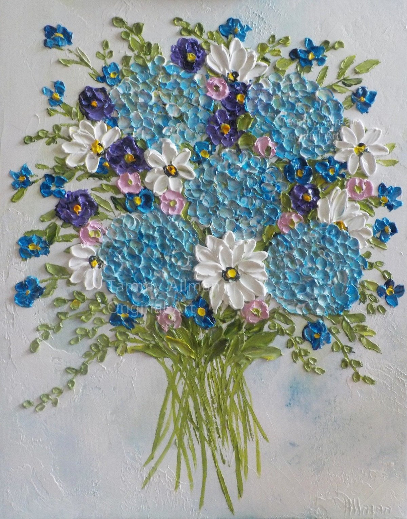 Whimsical Airy Bouquet Of Hydrangeas And Wildflowers Oil Impasto
