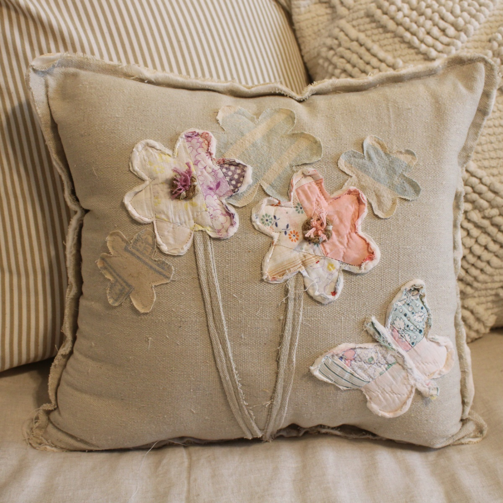 Vintage Quilt Butterfly and Flowers Feed Sack Pillow Spring and