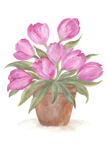 Original Watercolor Clay Pot Series, Pink Tulips in a Clay Pot Watercolor