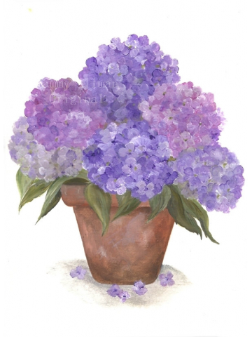 Original Watercolor Clay Pot Series, Purple Hydrangea Original Watercolor Print,