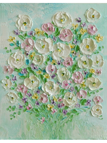 Whimsical Pastel Flowers Oil Impasto, Whimsical impressionistic Oil Impasto Painting