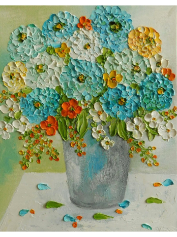 Custom Impasto Aqua Zinnia Flower Painting, Impasto Oil Painting , Aqua Bouquet