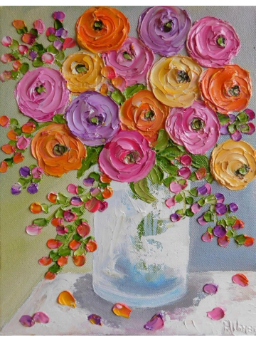 Summer Brights Mixed Ranunculus Oil Impasto Painting, Orange, Yellows,Lavenders and Pink Ranunculus