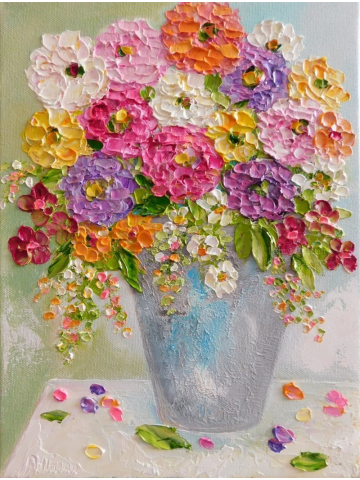 Custom Impasto Zinnia Flower Painting, Impasto Oil Painting, Summer Bouquet