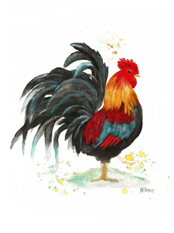 Rooster Farmhouse Watercolor, Farmhouse Rooster Original Print, Gouache Watercolor