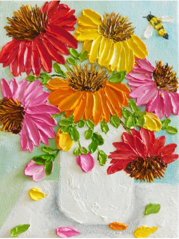 Custom Cone Flowers and Bee Impasto Painting, Bee and Cone Flower Oil Painting