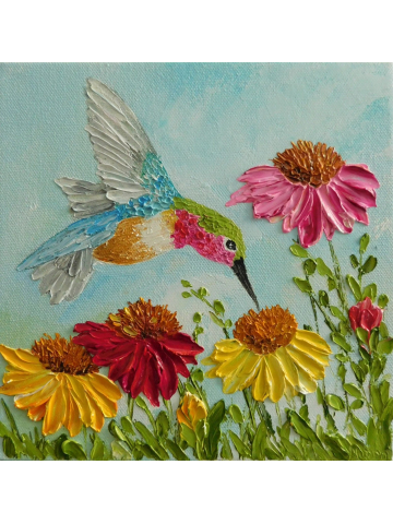 Custom Cone Flowers and Hummingbird Impasto Painting, Hummingbird Oil Painting Cone Flower Painting