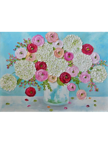 Custom White Hydrangea and Mixed Ranunculus Oil Painting,Red, Pink and Apricot Ranunculus, Choose Size