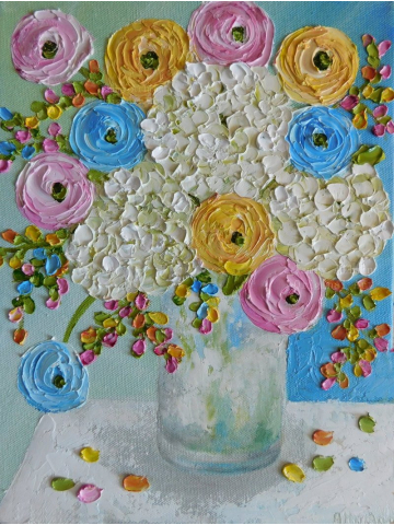 Custom Painting,White Hydrangea and Mixed Ranunculus Oil Painting, Apricot Yellows, Blues and Pink Ranunculus