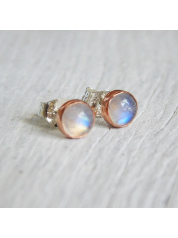 Rainbow Moonstone Studs in Copper Setting, Small Studs, 5mm Cabochon Studs, Birthstone June