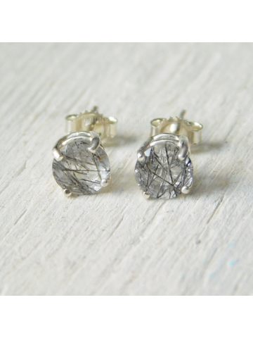 Rutilated Quartz Faceted 6mm Studs, Tourmalinated Quartz Sterling Silver Earrings,