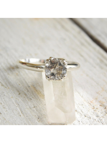 Argentium Silver and 6mm Rutile Tourmalinated Quartz Solitare Ring, Anniversary, Engagement, Promise Ring