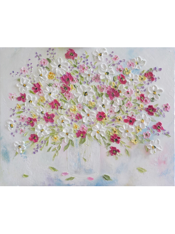 Custom Whimsical Pastel and Rose Flowers Oil Impasto, Whimsical Impressionistic Oil Impasto Painting