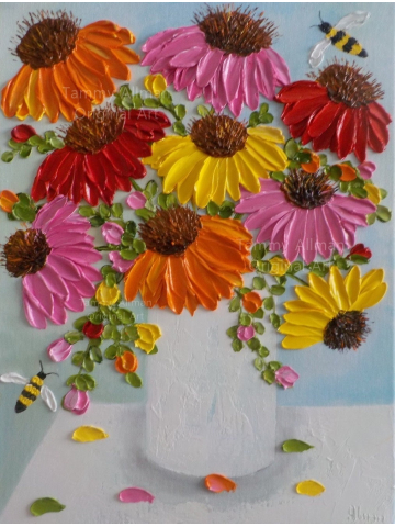 Ready to ship , Cone Flowers and Bee Impasto Oil Painting