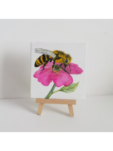 Honey Bee  and Pink Flower 4x4 Watercolor on Canvas Panel, Bee Painting and Easel