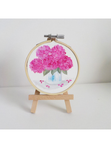 Original Bright Pink Hydrangea Watercolor on Canvas with Easel , Miniature Painting on a Easel