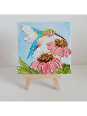 Miniature Panel 4"x 4" Hummingbird Bird Oil Impasto Painting, Hummingbird Bird Painting with Easel, Gift Boxed