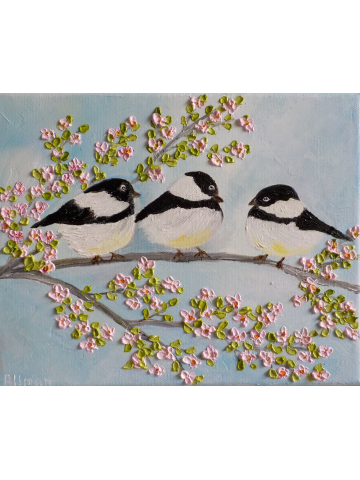 Custom Bird Oil Painting, Three Chickadee Birds on a Cherry Blossom Branch , Oil Bird Painting, Impasto Bird Painting, Custom Bird Oil Painting, Three Chickadee Birds on a Cherry Blossom Branch , Oil Bird Painting, Impasto Bird Painting,