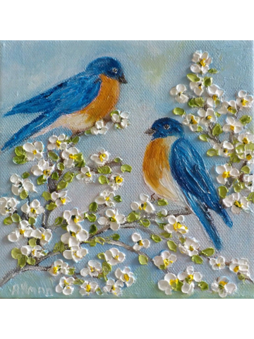Custom ORIGINAL OIL  Bluebirds Spring Blossoms Impasto Painting