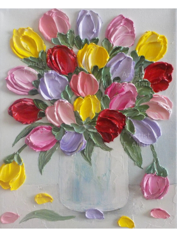 Oil Impasto Mixed Tulips Painting ,Tulip Wall Art