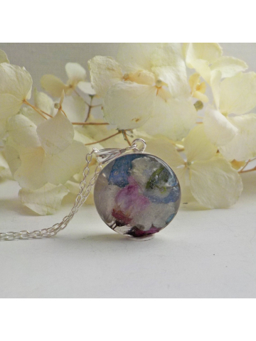 Blue Hydrangea and Wildflower Sterling Silver Dried Flower Necklace