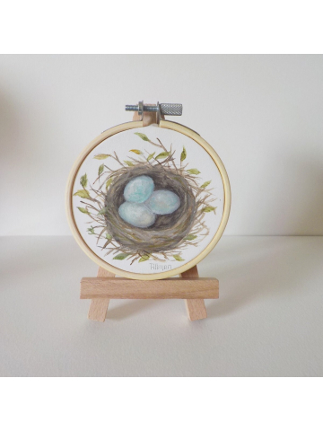 Bird Series Watercolor " Robins Nest" with hoop and easel. Embroidery hoop original watercolor painting on canvas