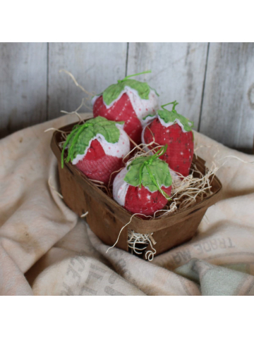 Vintage Tattered Quilt Strawberry's in a Vintage Fruit Basket, Fabric Strawberries, Vintage Quilt Strawberries