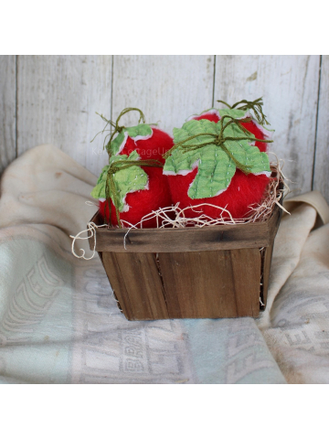 Vintage Alpaca Red Wool and 1940's Quilted  Strawberry's in a Vintage Fruit Basket, Wool Strawberries, Vintage Wool and Quilt Strawberries