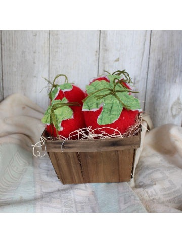 Vintage Alpaca Red Wool and 1940's Quilted  Strawberry's in a Vintage Fruit Basket, Wool Strawberries, Vintage Wool and Quilt Strawberries
