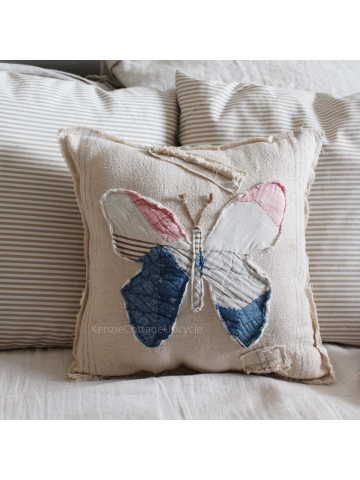 1960's Quilt Butterfly and Vintage Feed Sack Pillow, Farmhouse Decor, Garden Butterfly Pillow, Upcycled Quilt and Feed Sack