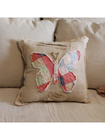 1950's Tattered Quilt Butterfly and Vintage Feed Sack Pillow, Spring and Summer Decor, Garden Butterfly Pillow, Upcycled Quilt and Feed Sack
