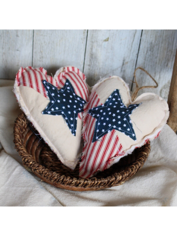 Flour Sack and Ticking Patriotic Large Fabric Heart, Memorial Day Decor, Patriotic Decor, 4th of July Decor,
