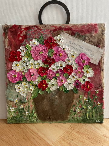 Mixed Media "Plant the Seeds of Love" Zinnia Oil Impasto Painting, Vintage Quilt Mixed Media Art